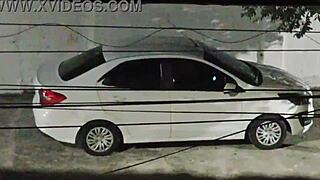 She meets her lover in the car in front of the house and returns smiling