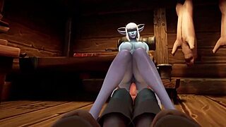 in warcraft porn parody, elf fucks night elf with blindfold in kitchen, tight pussy and anal.