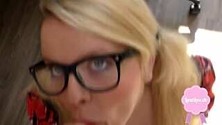 cute blond girl fucked in uniform big cumshot on her glasses