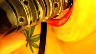 Beautiful brunette housewife swallows big dildo after flashing her ass