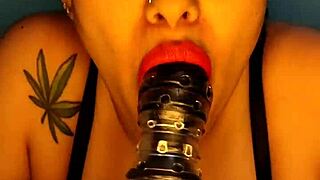 Beautiful brunette housewife swallows big dildo after flashing her ass