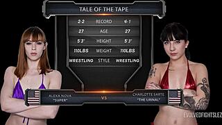 Alexa Nova Wrestles Charlotte Sartre in Naked Lesbian Fight. Winner Straps On to Dominate Loser Hard.