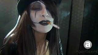 Hot agent in sexy outfit, dangling big tits and smoking