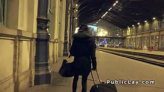 Hungarian hottie slams huge cock outdoors