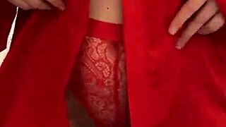 I watch this brunette in red lingerie play with her big tits, but I mean, she's so petite and sexy