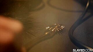 Bound ebony woman in public setting