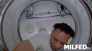 Cheating milf neighbor undresses in the laundry