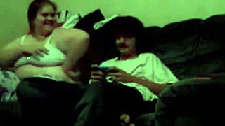 Wife deepthroats husband dick then gets fucked with pussy creampie on big ass tits