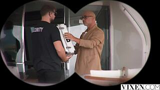 eve and agatha share a big cock after the heist, licking and riding it.