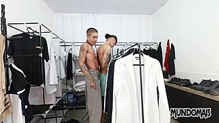 fucking inside the closet with a group of guys, big cocks bareback threesome 😏