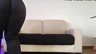 Curvy pawg amateur cleans apartment in tight leggings showcasing big ass