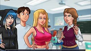 In summertime saga 98, the blonde college girl shows off her big ass in erotic hentai game