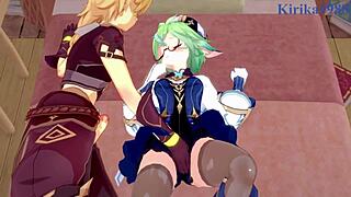 Sucrose and Hu Tao feel intense pleasure with Aether in Genshin Impact hentai.
