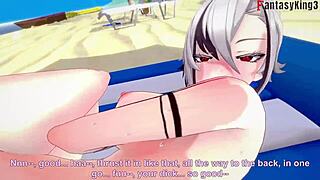 Arlecchino intensely fucks ahegao in bikini on beach in genshin impact fantasy