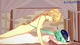 Sucrose and Hu Tao feel intense pleasure with Aether in Genshin Impact hentai.