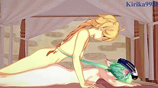 Sucrose and Hu Tao feel intense pleasure with Aether in Genshin Impact hentai.