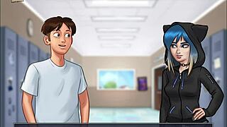 In summertime saga 98, the blonde college girl shows off her big ass in erotic hentai game