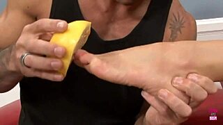 Sexy Tattooed Brunette Squishes Melon with Feet Before Doggy Style Fucking