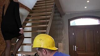 Sexy blonde babe says, Take this facial from a worker like a champ!