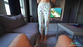 Hot stepmom catches stepson jerking and lets him finish on her 🍑