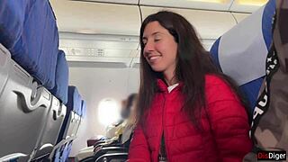 risky public jerking off on a plane full of people - public dick flashing with skinny teen 18+ brunette small tits