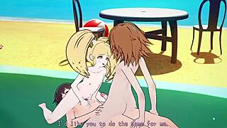 danganronpa - chihiro fujisaki and hiyoko saionji having fun on a beach