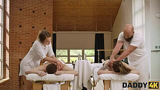 Daddy4k 用淫荡按摩和无套行动诱惑儿子的女友