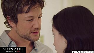 Vixenplus hot student fucks teacher with blowjob and cowgirl. Brunette babe in skirt swallows cum