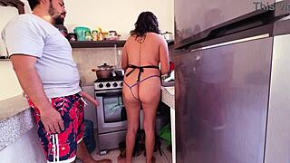 curvy latina feels orgasm from cock sucking in kitchen.