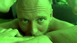 a woman in pov watches a blue-eyed white guy provide oral pleasure leading to climax