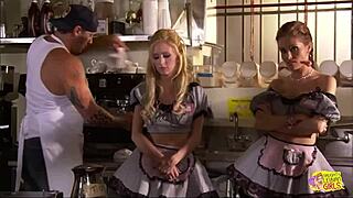 Skinny blonde waitress dives into steamy lesbian action after work with tight pussy play