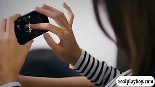 sexy babe moans while finger fucking her shaved pussy