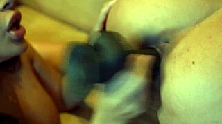 horny blonde and latina lesbians ride huge dildo together