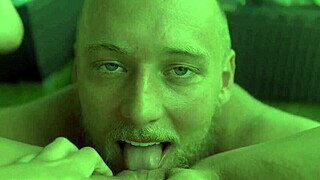 a woman in pov watches a blue-eyed white guy provide oral pleasure leading to climax