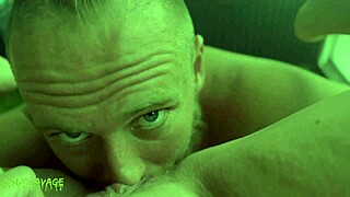 a woman in pov watches a blue-eyed white guy provide oral pleasure leading to climax