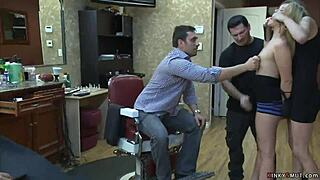 blonde gets anal fucked hard in public barbershop for humiliating domination.