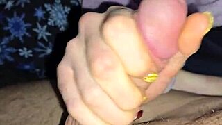 Dirty talking wife takes her time jerking off a dick