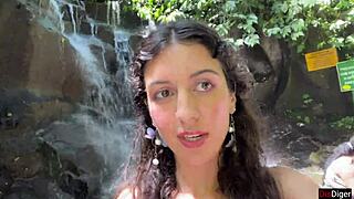 Skinny Beauty Gets Cum on Face in Public Locker Room and Cumwalk by Waterfall