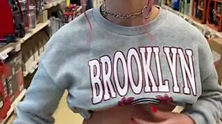busty babe flashing pierced nipples all over home store, i'm obsessed