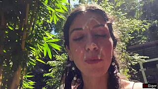 Skinny Beauty Gets Cum on Face in Public Locker Room and Cumwalk by Waterfall