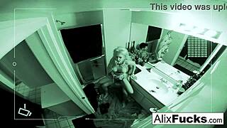 alix, the blonde with big tits, gets a hardcore fucking in the tight bathroom, including blowjobs and cumshots on her ass