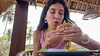 Cute Girl Eats Burger with Cum on Face Publicly