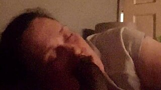 Beautiful mature milf licks and deepthroats big black cock in bedroom