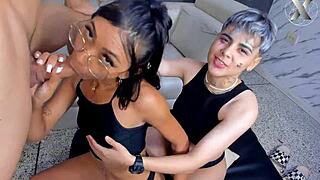 Lesbian Girl and Friend Team Up for Cock and Blowjob Fun