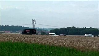 Little teen girl receives cum on face in public gang bang threesome with oral and pussy action.