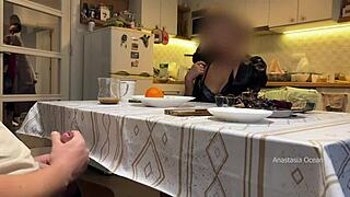 My husband jerks under kitchen table near step mom while I watch.