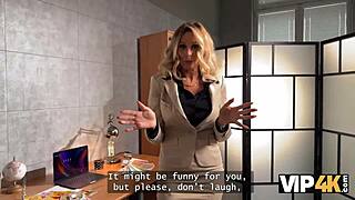 Vip4k Karina King Pays Debt with Busty Blonde Fake Boobs