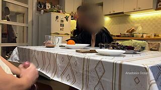 My husband jerks under kitchen table near step mom while I watch.