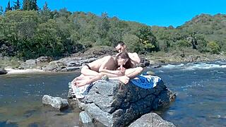 risky beach and bus sex with huge double cumshot! 🔥