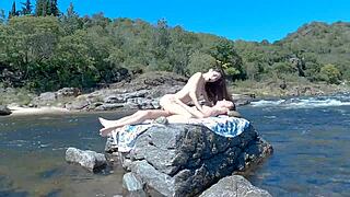 risky beach and bus sex with huge double cumshot! 🔥